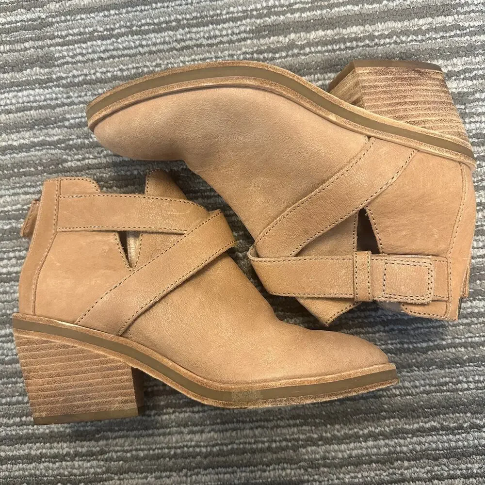 Eileen Fisher Derby Ankle Boots Tan Nubuck Leather Stacked‎ Heel Preppy Career 6